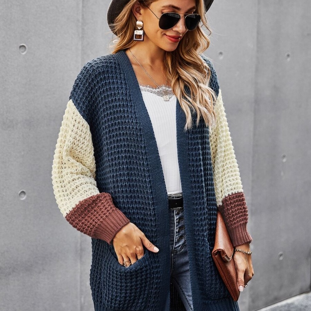 Color block chunky knit pocket open front cardigan - Picture 6 of 6